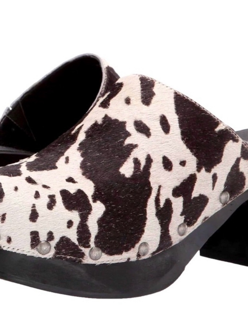 Matisse chunky wooden heel cow hair leather clogs brown and white slip on mules
